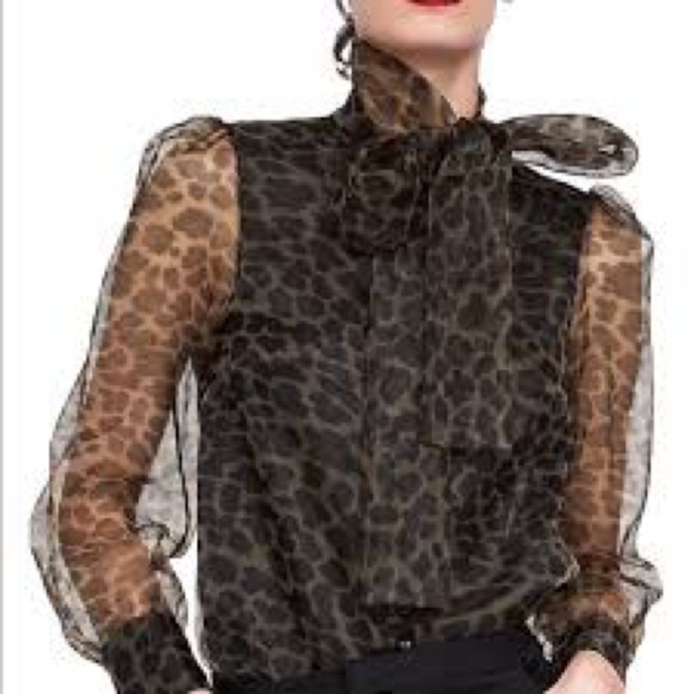 Zara Sheer Leopard Bow-Tie Blouse in Black and Brown
